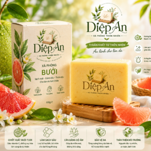 Hình ảnh sản phẩm xà phòng bưởi Diệp An được sản xuất từ các thành phần thiên nhiên kết hợp chiết xuất bưởi và dầu thực vật. Sản phẩm giúp làm sạch da nhẹ nhàng, hỗ trợ duy trì độ ẩm tự nhiên và mang đến hương thơm bưởi tươi mát cho làn da.